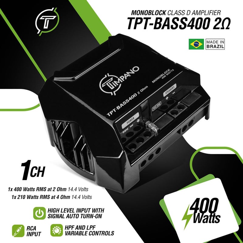 TIMPANO 400 Watts Mono Subwoofer Car Audio Amplifier TPT-BASS400 2 Ohm – 12 Volts Mini Monoblock Class D Car Amp, Built-in Crossover & Bass Boost with High Level Inputs - Image 2